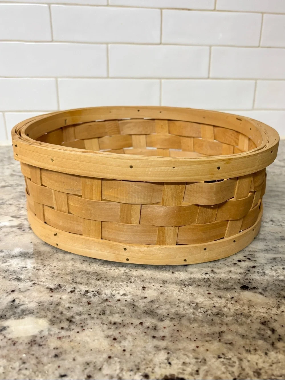 Vintage Round Woven Wood Basket Primitive Farmhouse Decor 10.5”
